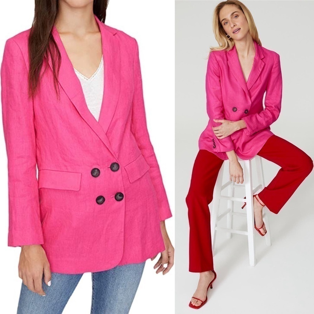 SANCTUARY Barbie Pink Linen Double Breasted Relaxed Fit Hamptons Blazer Jacket M